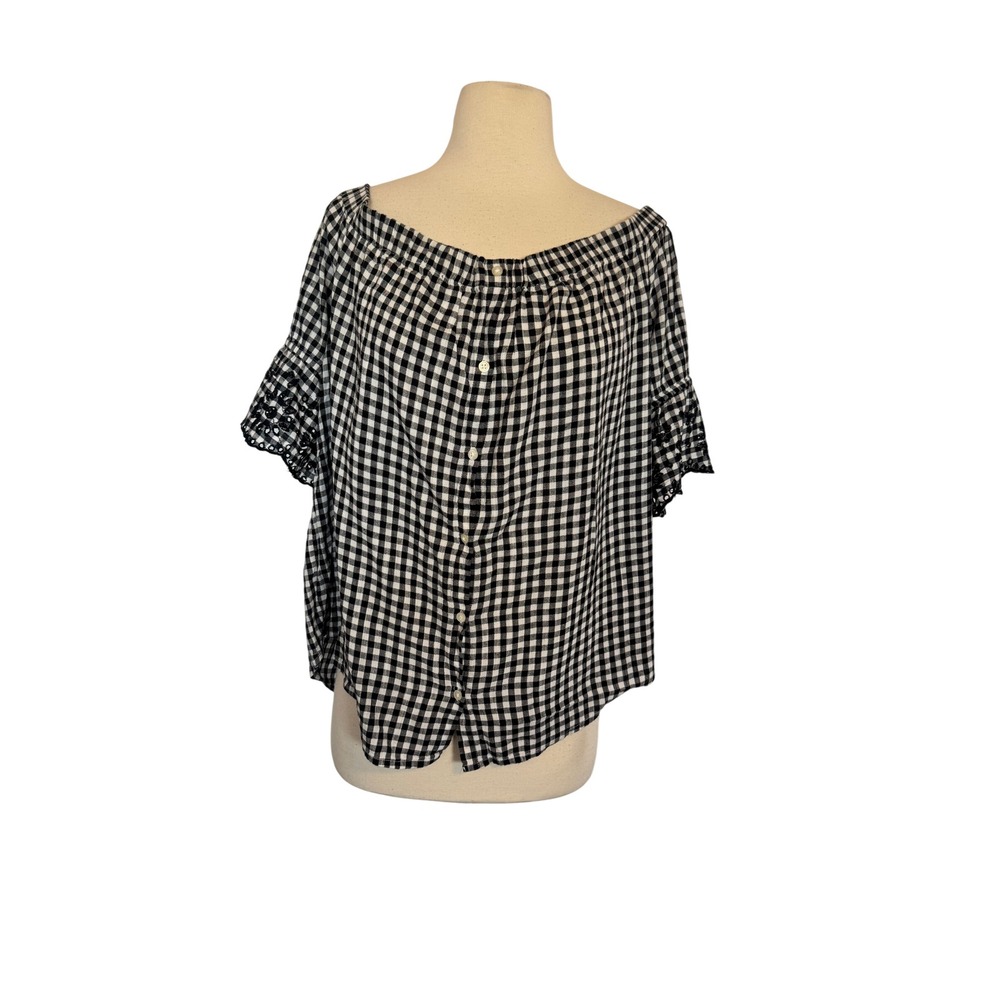 Old Navy Black White Gingham Off The Shoulder Button Front Blouse SZ L